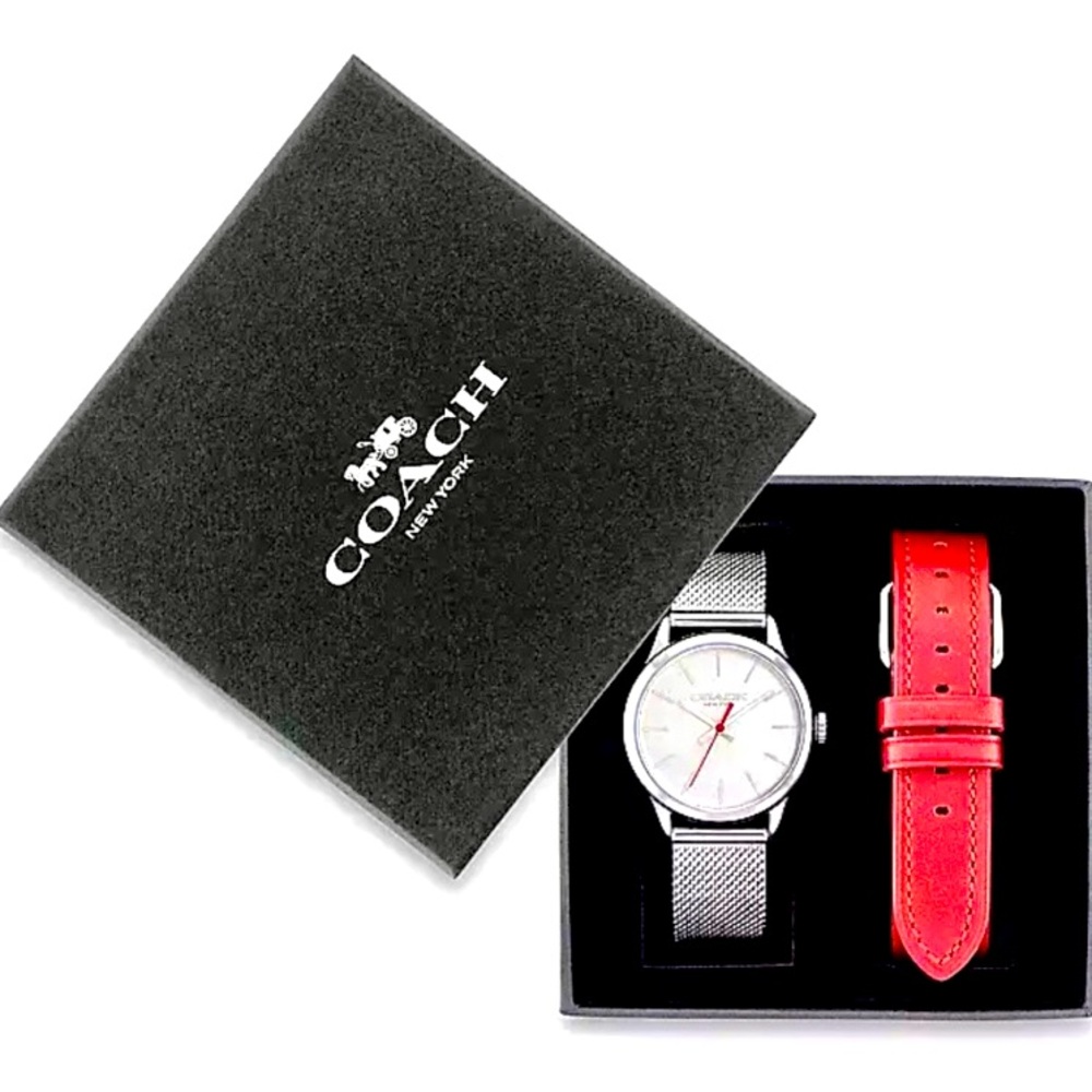 NWT coach ruby stainless steel and red leather watch set. 32 mm .